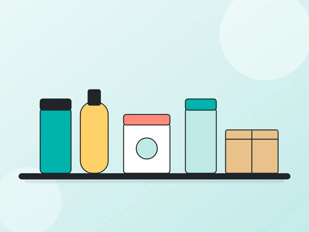 Illustration of food & beverage products on a warehouse shelf
