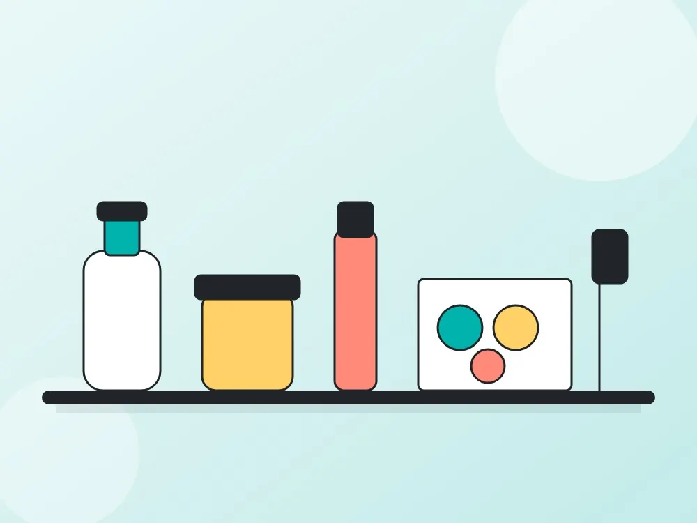 Illustration of cosmetics products on a warehouse shelf