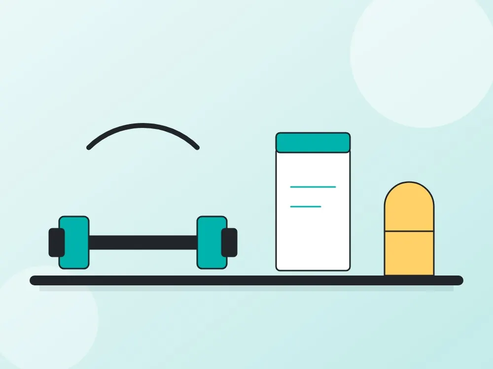Illustration of fitness & wellness products on a warehouse shelf