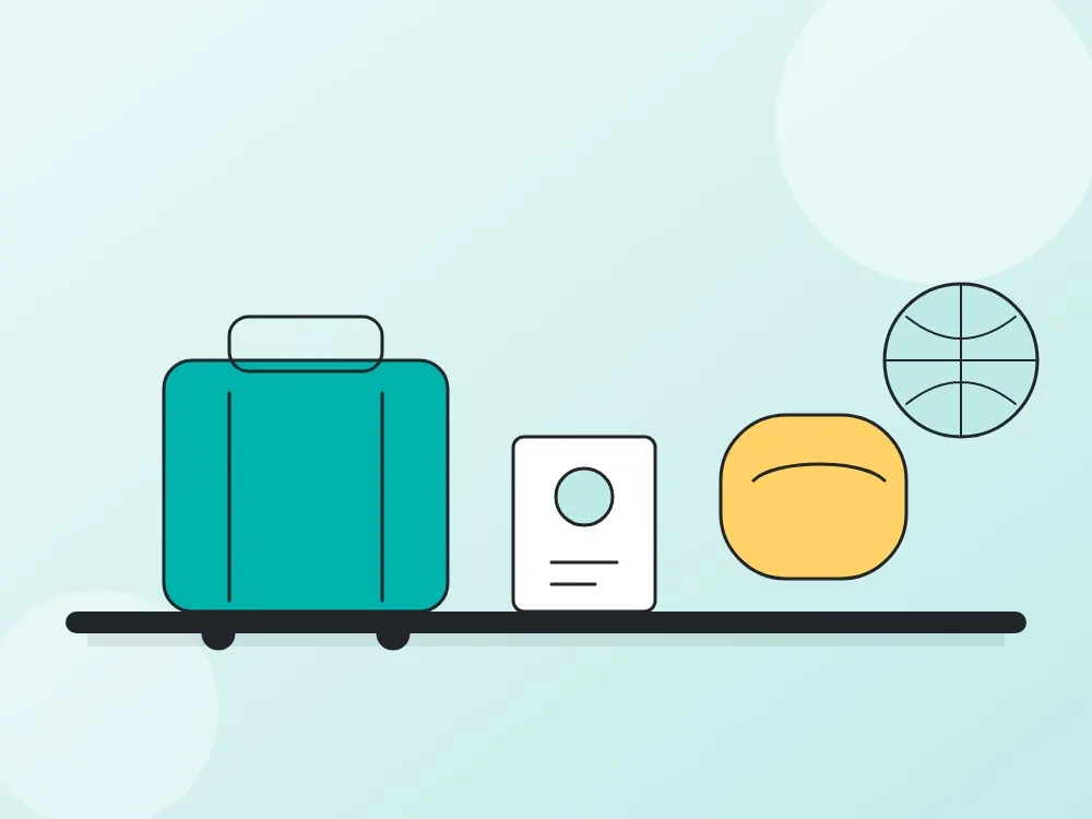 Illustration of travel accessories products on a warehouse shelf